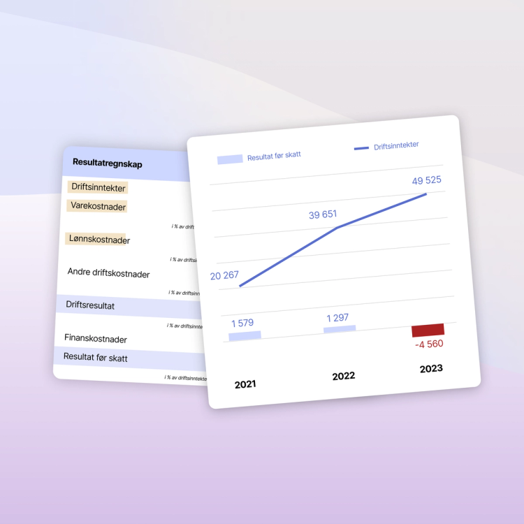 En illustrasjon av utdrag fra regnskap og en graf