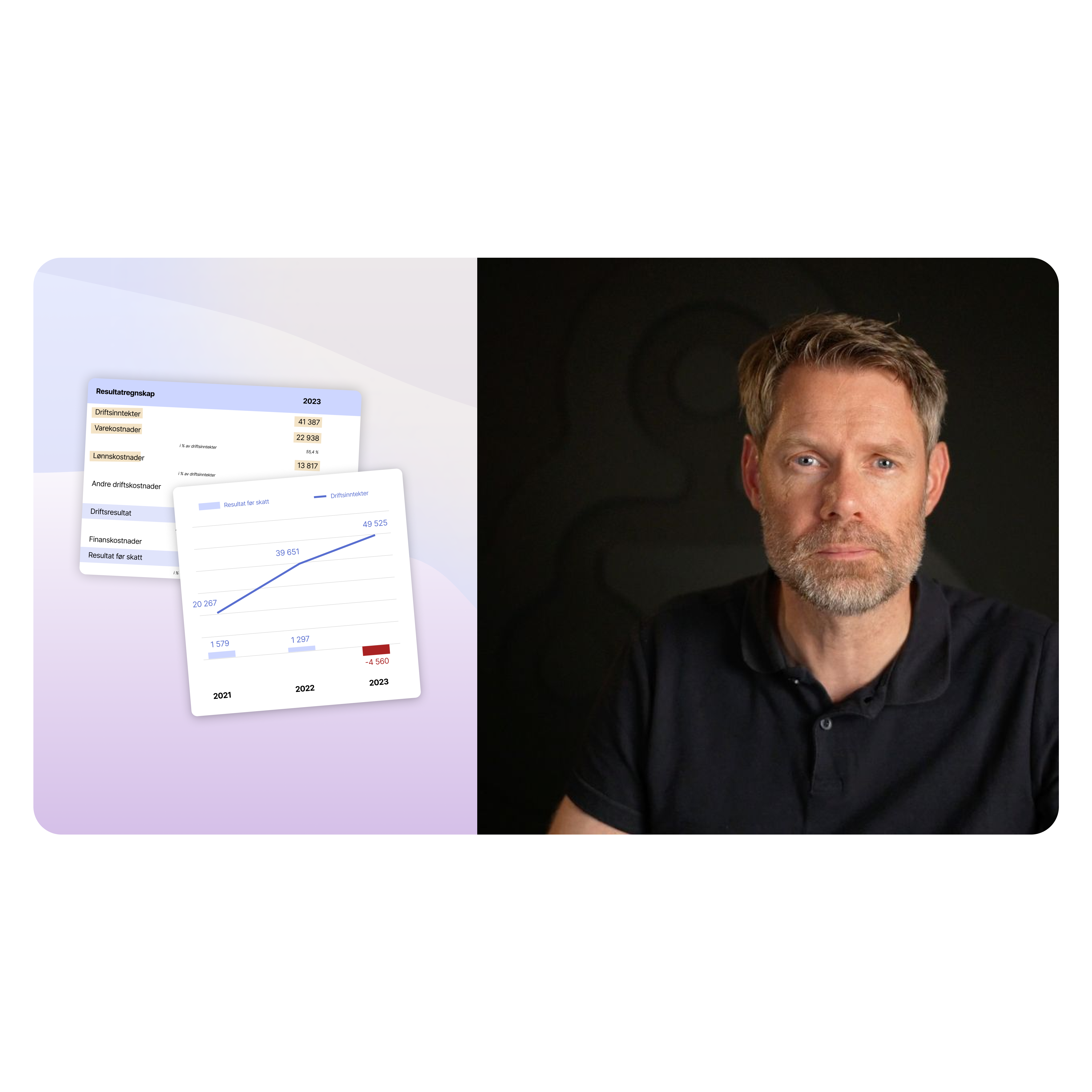 Bilde av Jostein Aksdal og illustrasjoner av regnskap og graf