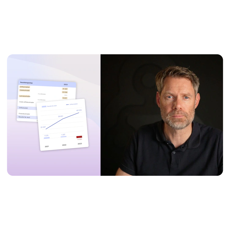 Bilde av Jostein Aksdal og illustrasjoner av regnskap og graf
