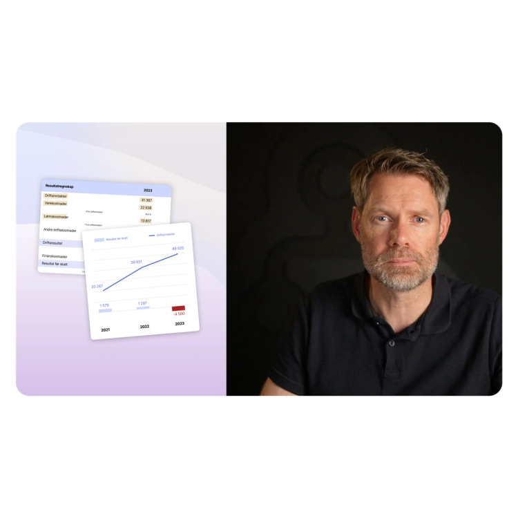 Bilde av Jostein Aksdal og illustrasjoner av regnskap og graf