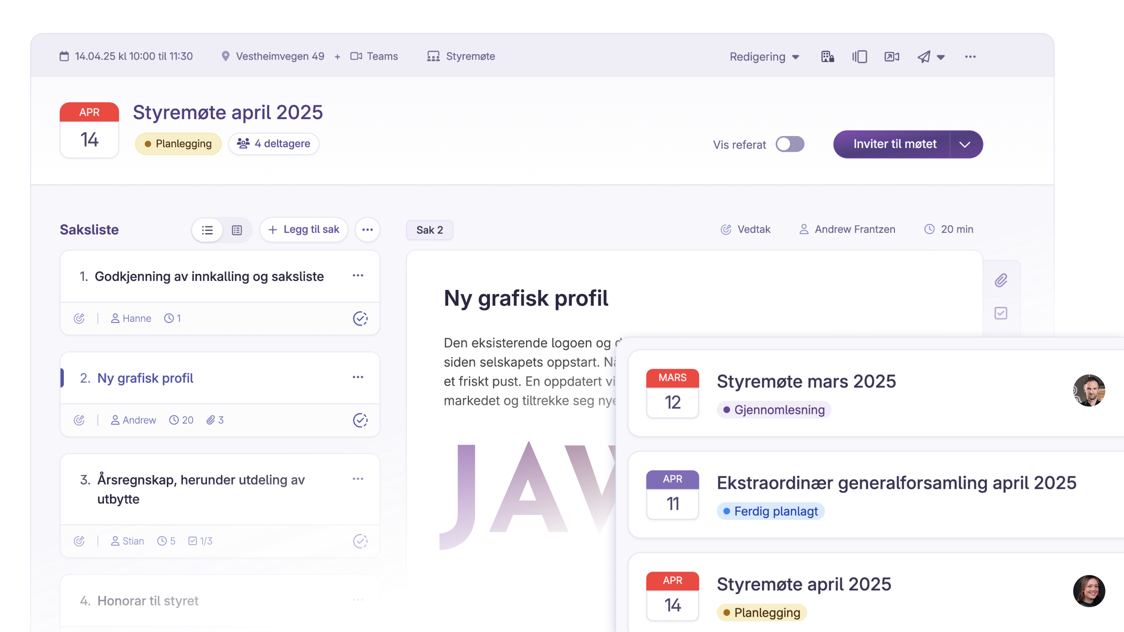 Bård styreportal - screenshot av møte