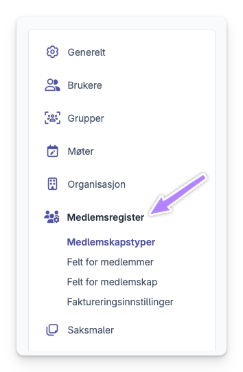 Menypanel med innstillinger for medlemsregister og medlemskapstyper i Bård