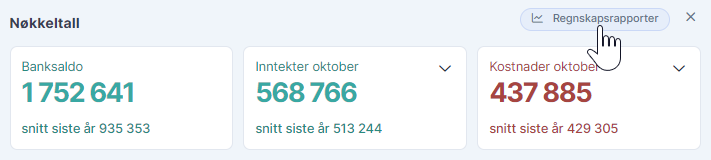 Nøkkeltall for banksaldo, inntekter og kostnader med markør på