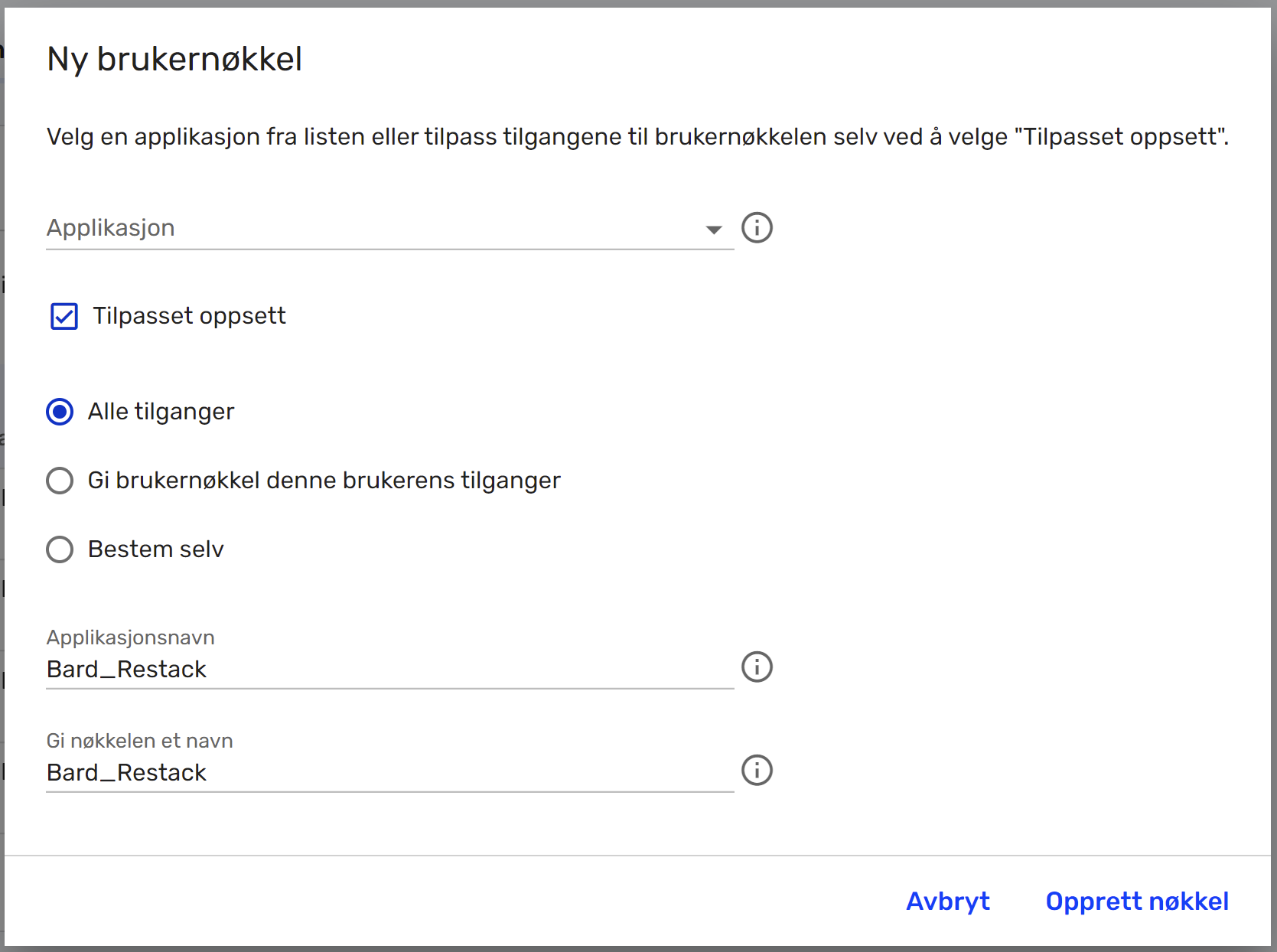 Oppretting av ny brukernøkkel med tilpasset oppsett og alle tilganger valgt