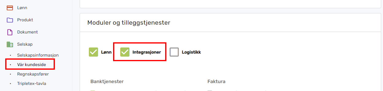 Tripletex meny med aktivert modul Integrasjoner under Vår kundeside